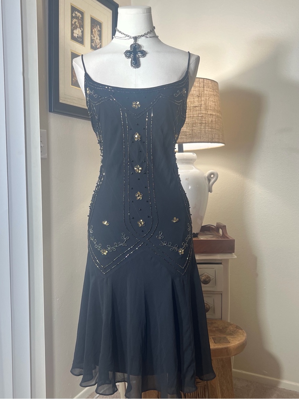 S.L. Fashions Black Beaded Spaghetti-Strap Midi Dress